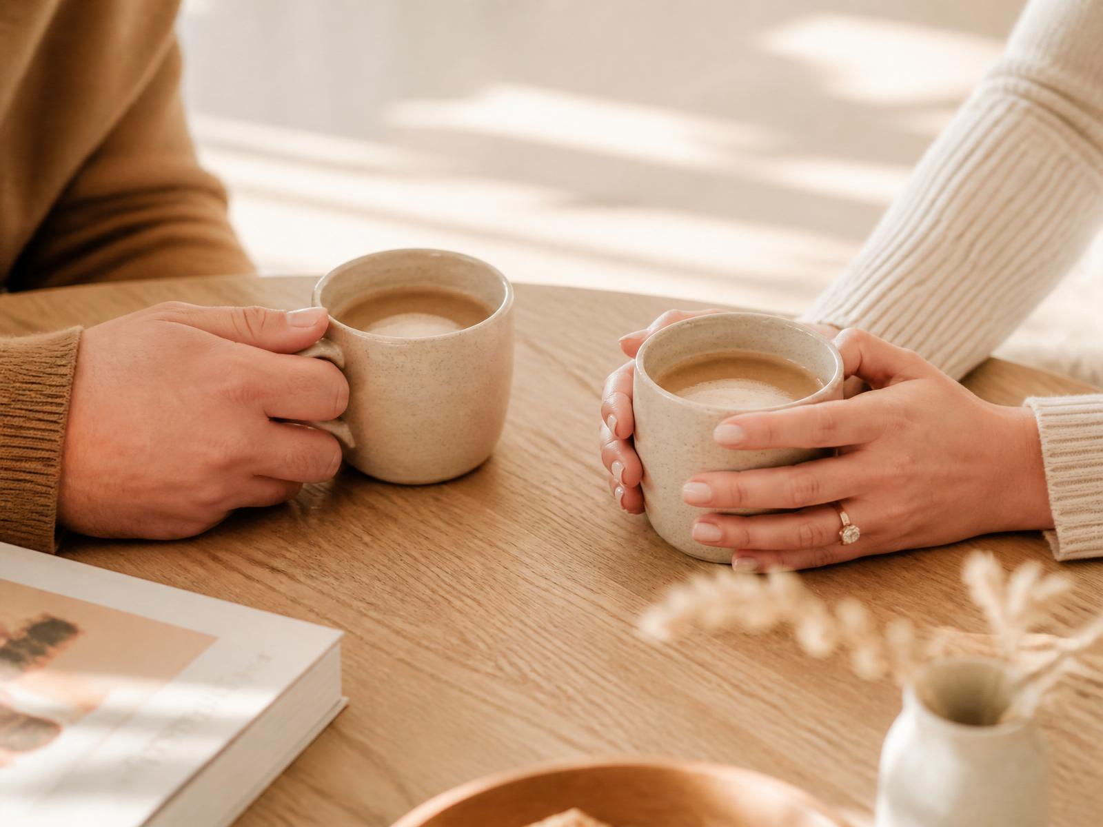 Zwei Hände halten Kaffeetassen an einem hellen Holztisch, ruhige gemeinsame Auszeit